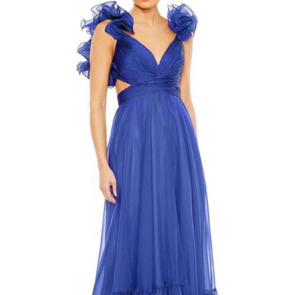 Mac Duggal Cobalt Blue Rosette Chiffon Cutout Empire Waist Gown